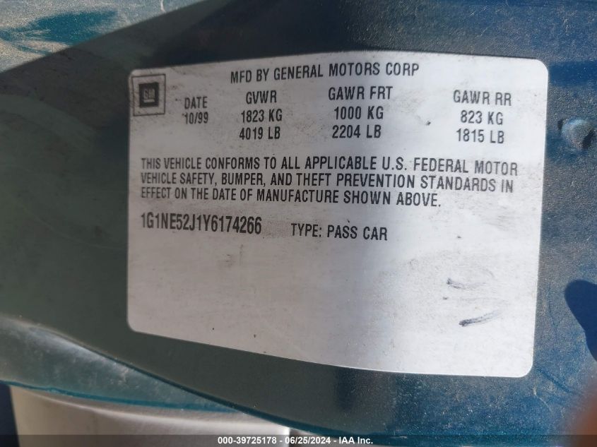 2000 Chevrolet Malibu Ls VIN: 1G1NE52J1Y6174266 Lot: 39725178
