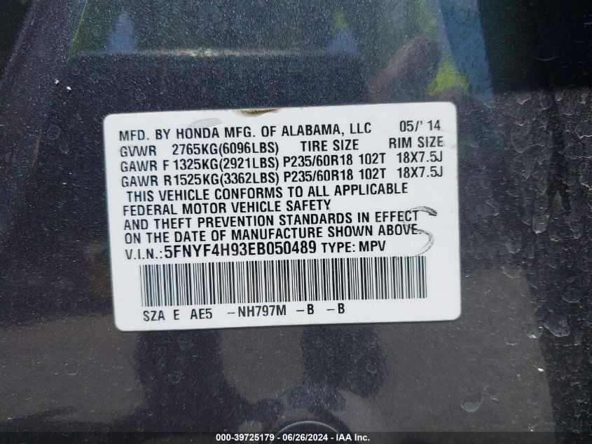 2014 Honda Pilot Touring VIN: 5FNYF4H93EB050489 Lot: 39725179