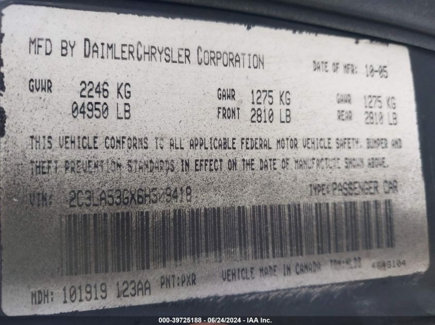 2006 Chrysler 300 Touring VIN: 2C3LA53GX6H309418 Lot: 39725188