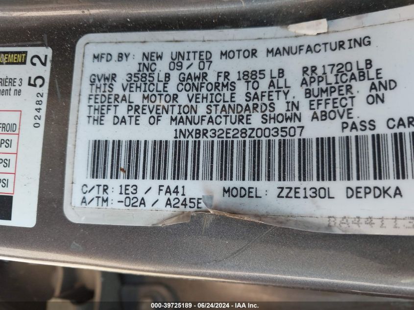 2008 Toyota Corolla Ce VIN: 1NXBR32E28Z003507 Lot: 39725189