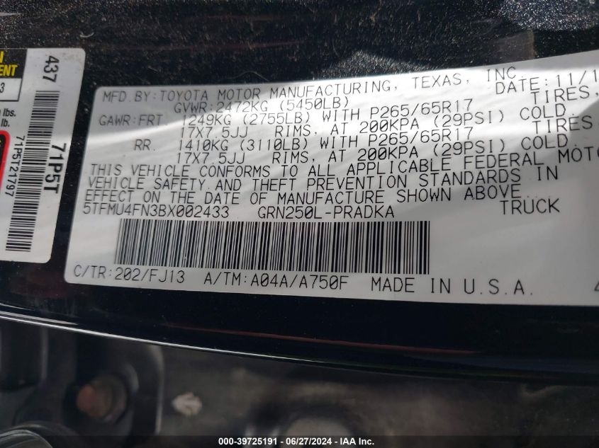 2011 Toyota Tacoma Base V6 VIN: 5TFMU4FN3BX002433 Lot: 39725191