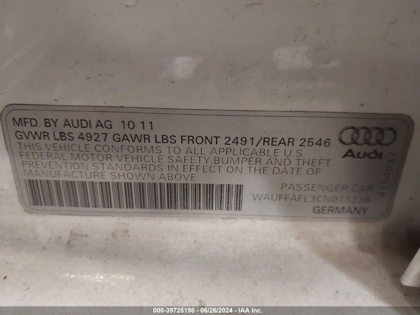 2012 Audi A4 2.0T Premium VIN: WAUFFAFL3CN011238 Lot: 39725198