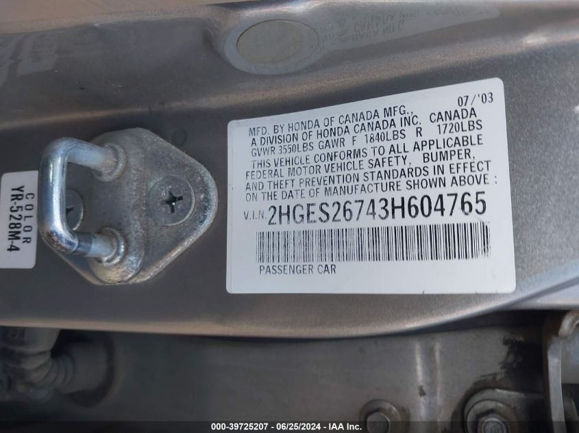 2003 Honda Civic Ex VIN: 2HGES26743H604765 Lot: 39725207