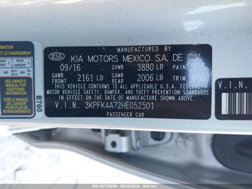 2017 Kia Forte Lx VIN: 3KPFK4A72HE052501 Lot: 39725209