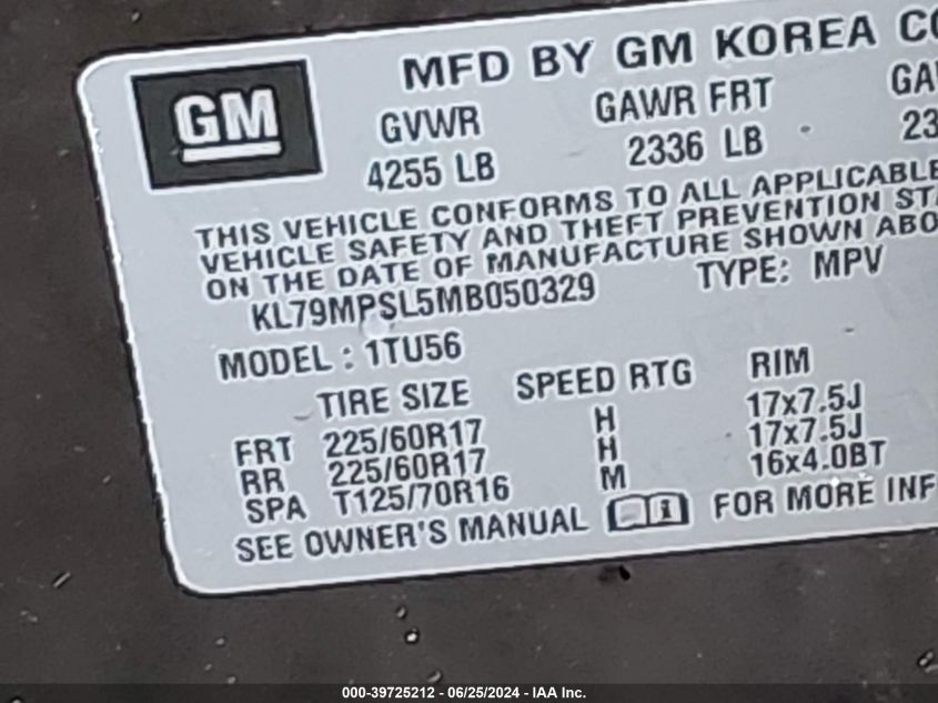 2021 Chevrolet Trailblazer Lt VIN: KL79MPSL5MB050329 Lot: 39725212