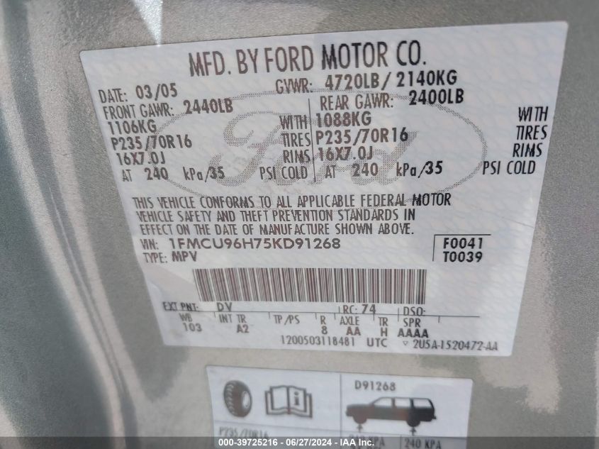 2005 Ford Escape Hybrid VIN: 1FMCU96H75KD91268 Lot: 39725216