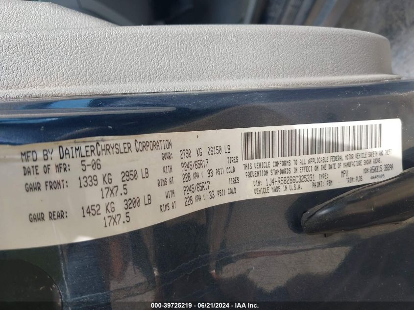 2006 Jeep Grand Cherokee Limited VIN: 1J4HR58266C325331 Lot: 39725219