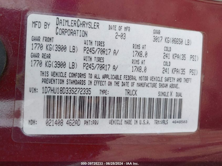 2003 Dodge Ram 1500 Slt/Laramie/St VIN: 1D7HU18D33S272335 Lot: 39725233