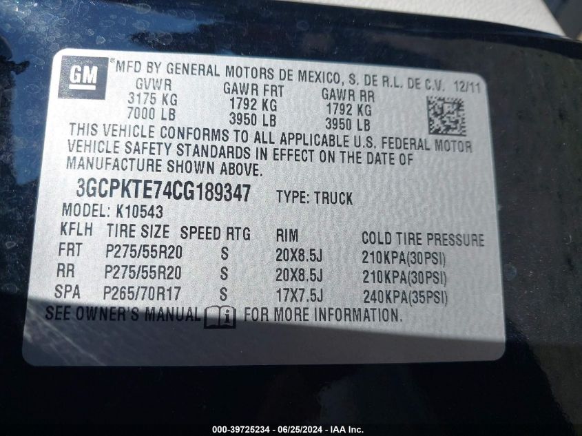 2012 Chevrolet Silverado K1500 Ltz VIN: 3GCPKTE74CG189347 Lot: 39725234