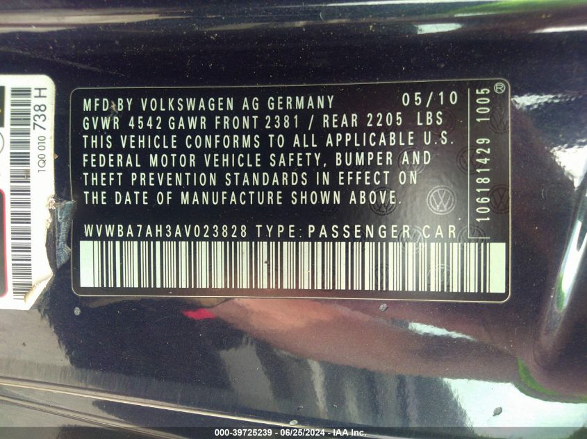 2010 Volkswagen Eos Komfort VIN: WVWBA7AH3AV023828 Lot: 39725239