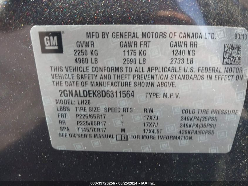 2013 Chevrolet Equinox Lt VIN: 2GNALDEK8D6311564 Lot: 39725256