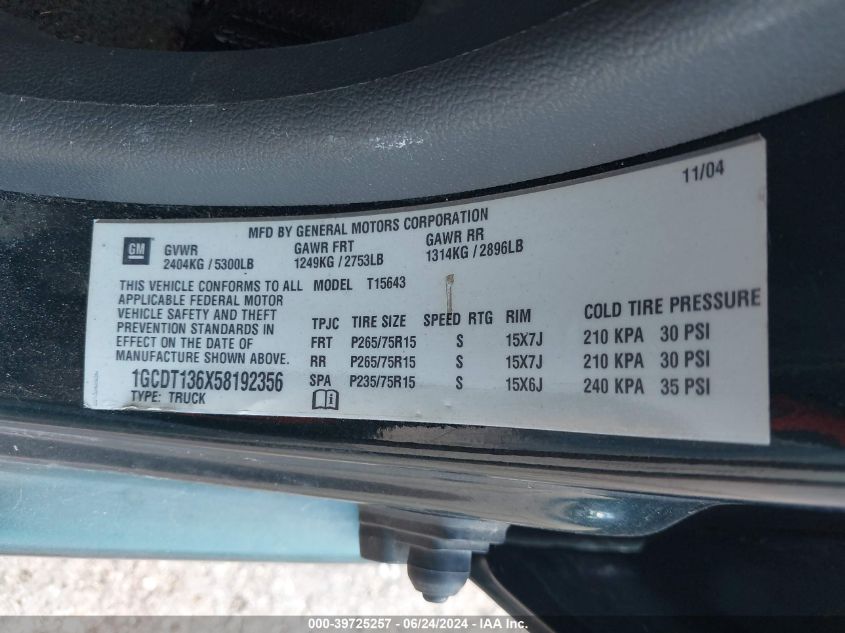 2005 Chevrolet Colorado Ls VIN: 1GCDT136X58192356 Lot: 39725257
