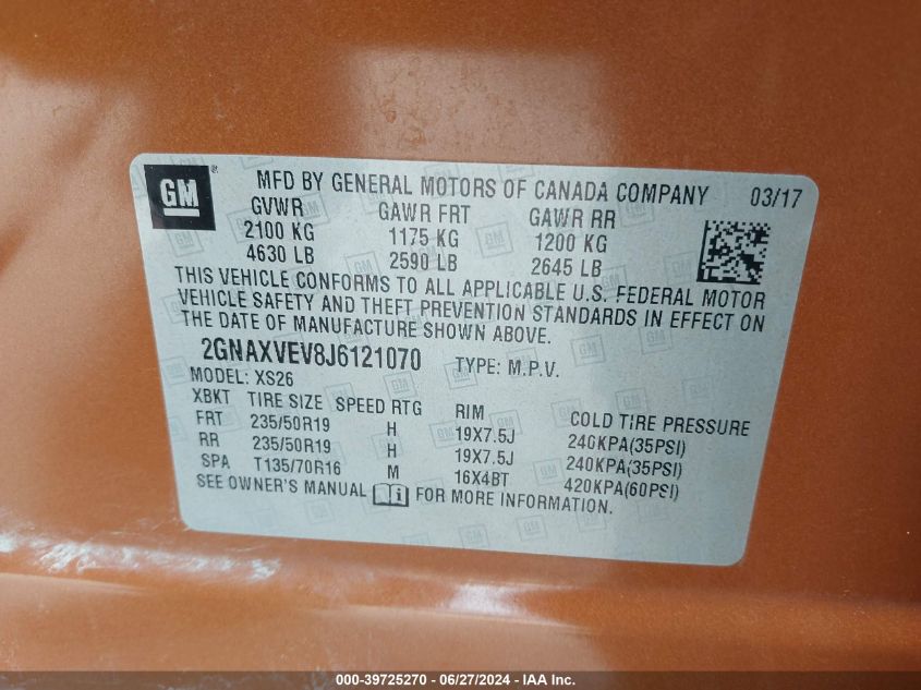 2018 Chevrolet Equinox Premier VIN: 2GNAXVEV8J6121070 Lot: 39725270