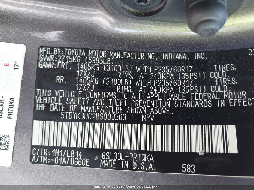 2011 Toyota Sienna Xle V6 VIN: 5TDYK3DC2BS009303 Lot: 39725278