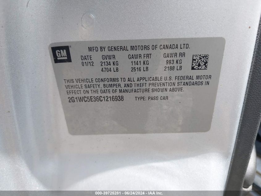 2012 Chevrolet Impala Ltz VIN: 2G1WC5E36C1216938 Lot: 39725281