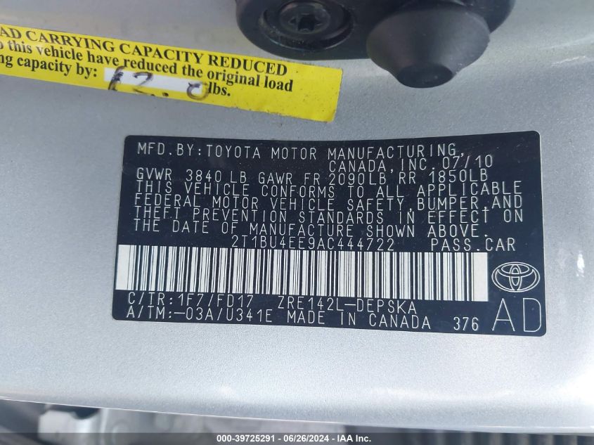 2010 Toyota Corolla S/Le/Xle VIN: 2T1BU4EE9AC444722 Lot: 39725291