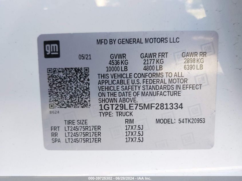 2021 GMC Sierra 2500Hd 4Wd Double Cab Long Bed VIN: 1GT29LE75MF281334 Lot: 39725302