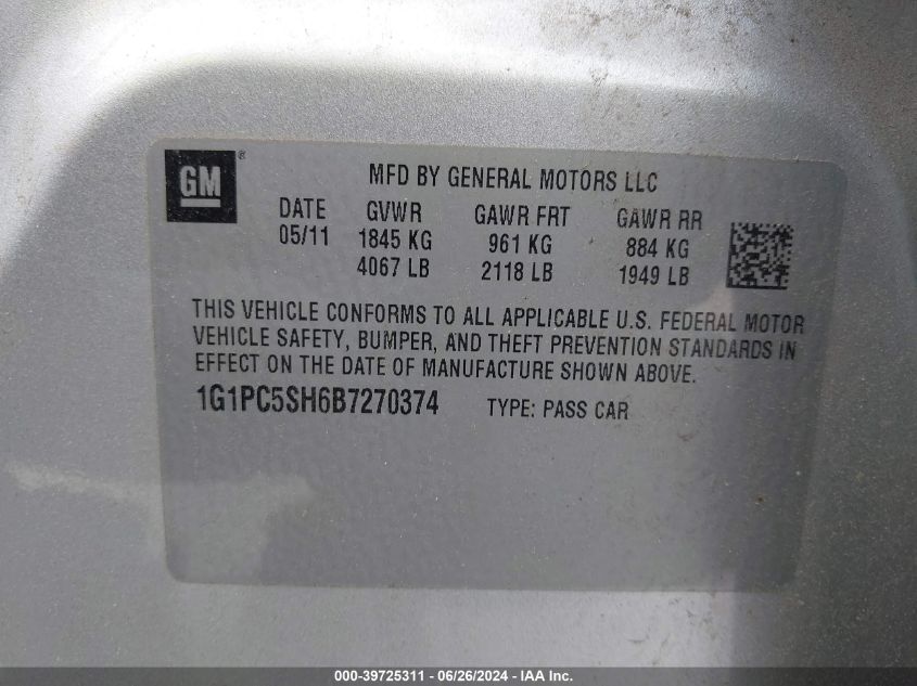 2011 Chevrolet Cruze Ls VIN: 1G1PC5SH6B7270374 Lot: 39725311