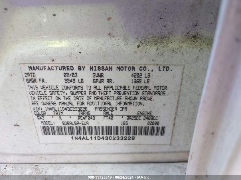 2003 Nissan Altima 2.5 S VIN: 1N4AL11D43C233228 Lot: 39725319