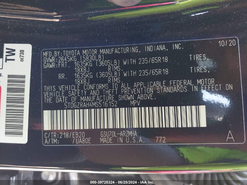 2021 Toyota Highlander Xle VIN: 5TDGZRAH4MS516152 Lot: 39725324