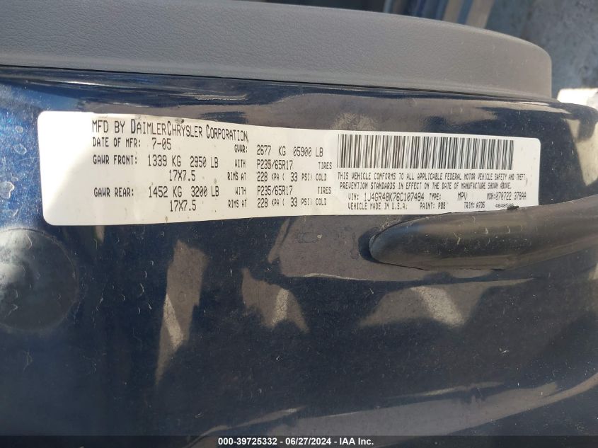 2006 Jeep Grand Cherokee Laredo VIN: 1J4GR48K76C107484 Lot: 39725332