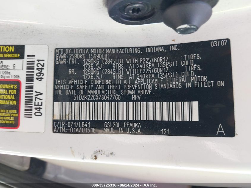 2007 Toyota Sienna Xle Limited VIN: 5TDZK22CX7S047760 Lot: 39725336