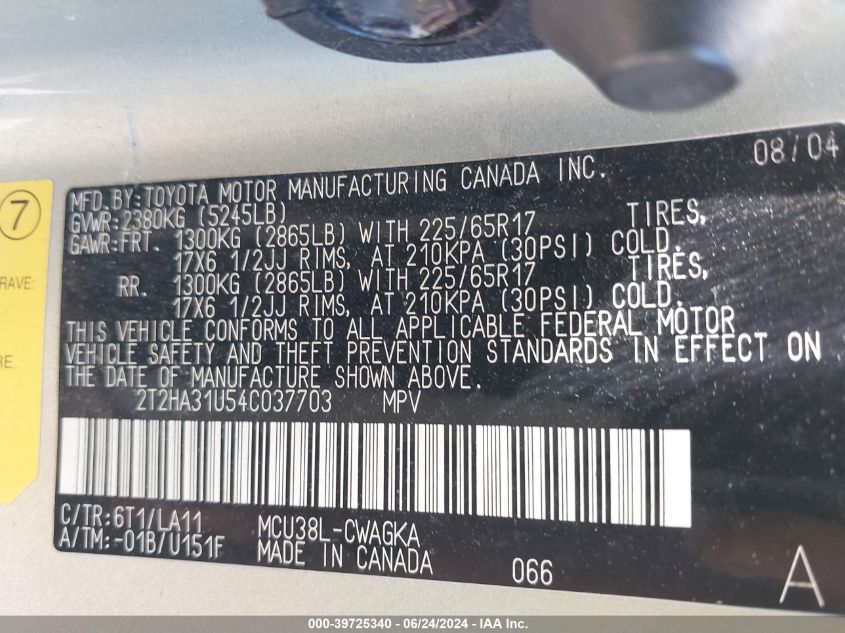 2004 Lexus Rx 330 VIN: 2T2HA31U54C037703 Lot: 39725340