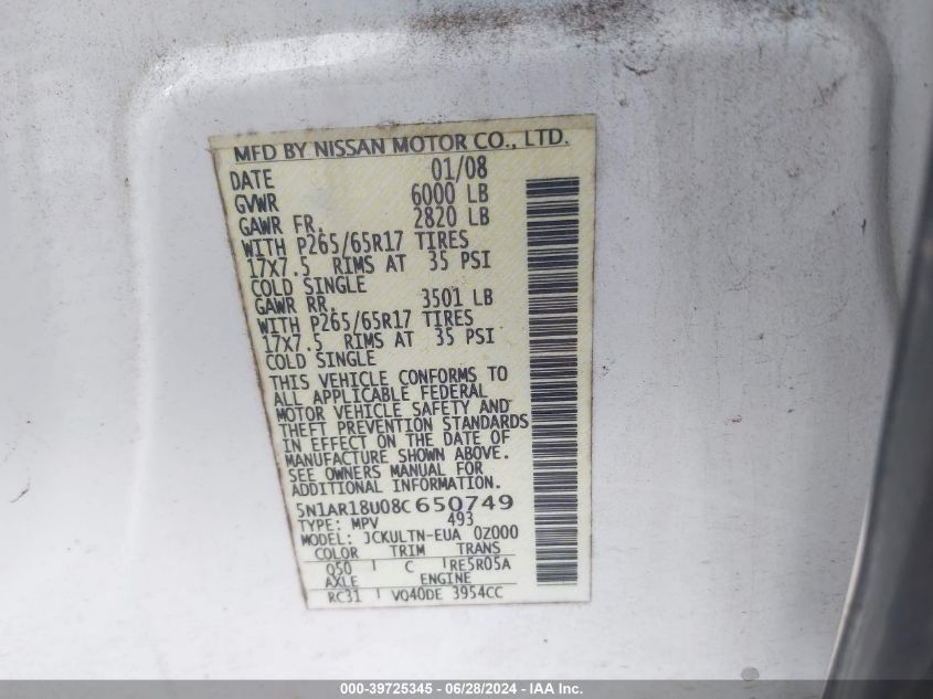 2008 Nissan Pathfinder Se VIN: 5N1AR18U08C650749 Lot: 39725345