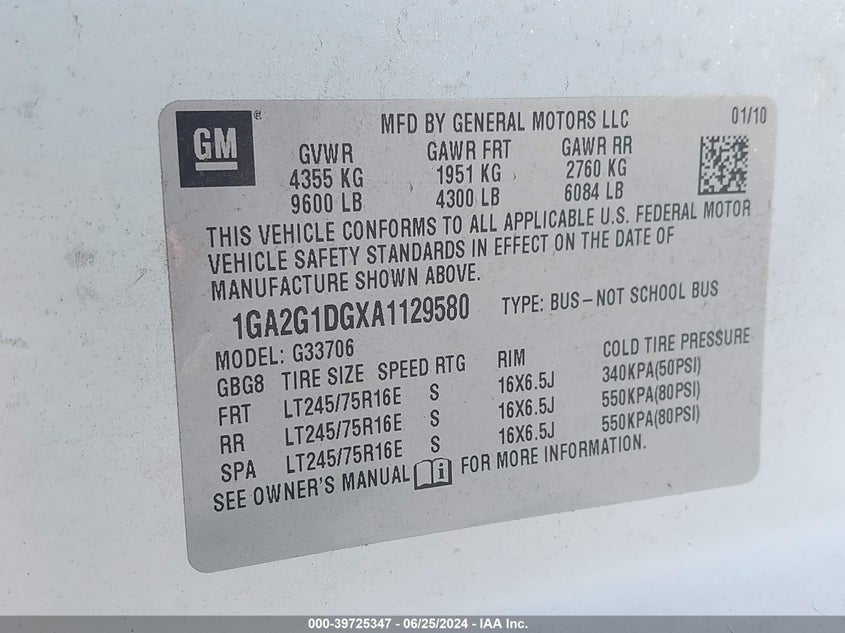 2010 Chevrolet Express 3500 Lt VIN: 1GA2G1DGXA1129580 Lot: 39725347