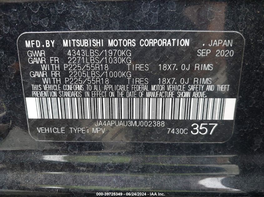 2021 Mitsubishi Outlander Sport 2.0 Es 2Wd VIN: JA4APUAU3MU002388 Lot: 39725349