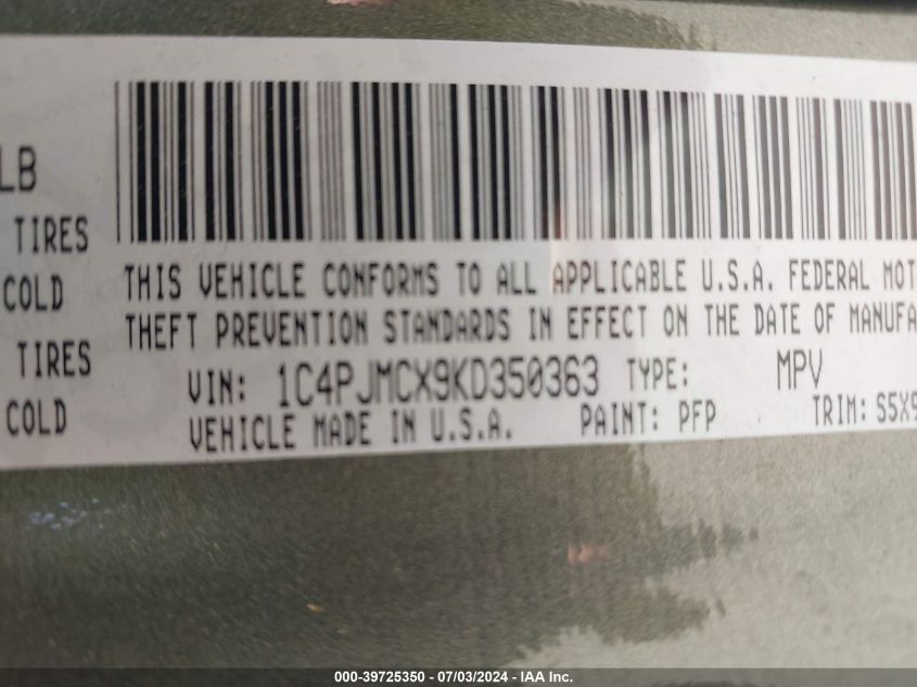 2019 Jeep Cherokee Latitude 4X4 VIN: 1C4PJMCX9KD350363 Lot: 39725350