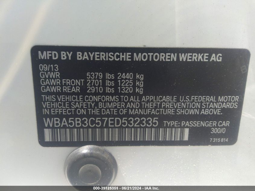 2014 BMW 535I xDrive VIN: WBA5B3C57ED532335 Lot: 39725351
