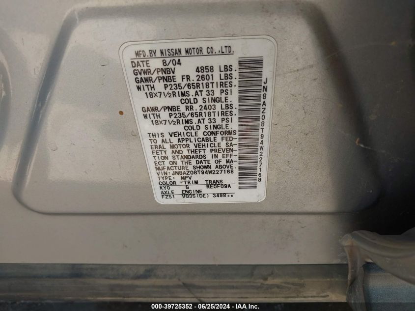 2004 Nissan Murano Sl/Se VIN: JN8AZ08T94W227168 Lot: 39725352