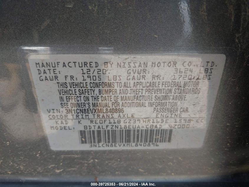 2021 Nissan Versa Sv Xtronic Cvt VIN: 3N1CN8EVXML840896 Lot: 39725353