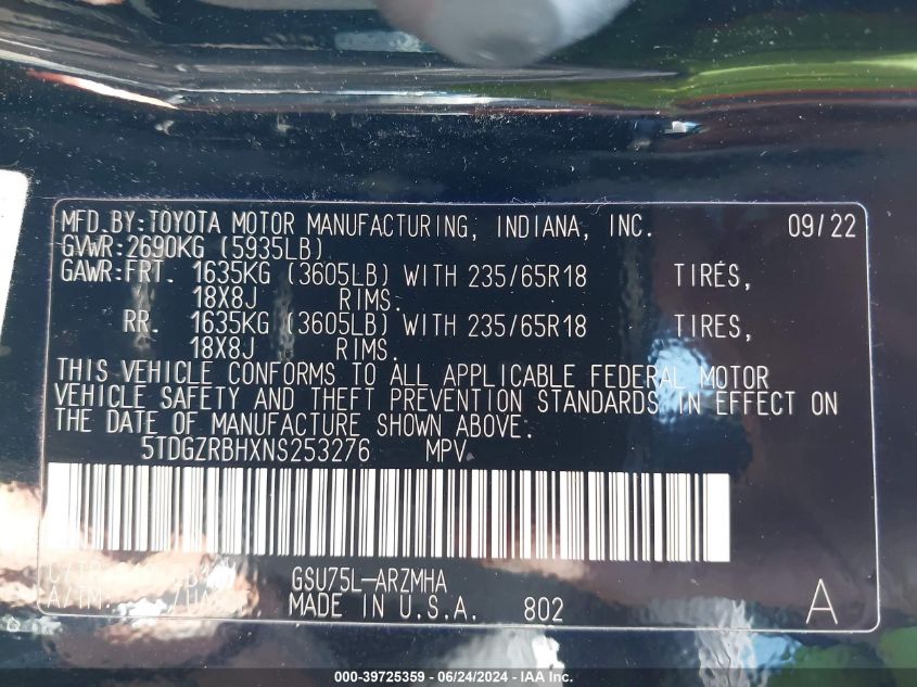 2022 Toyota Highlander Xle VIN: 5TDGZRBHXNS253276 Lot: 39725359