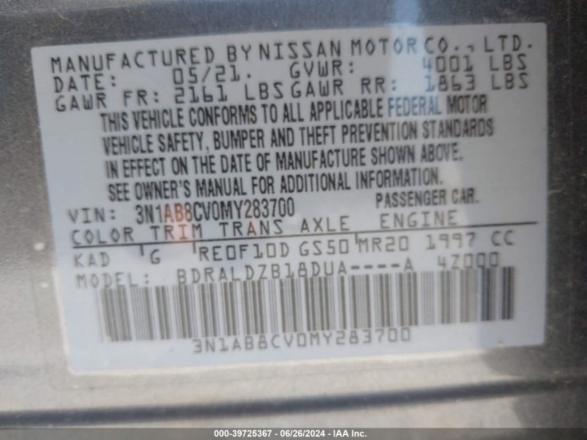 2021 Nissan Sentra Sv VIN: 3N1AB8CV0MY283700 Lot: 39725367