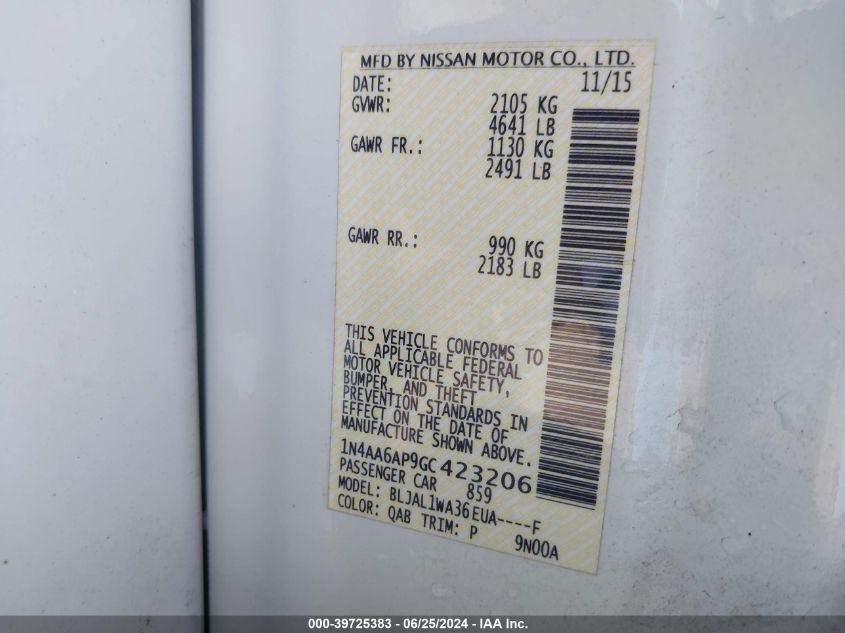 2016 Nissan Maxima 3.5S/Sv/Sl/Sr/Plat VIN: 1N4AA6AP9GC423206 Lot: 39725383