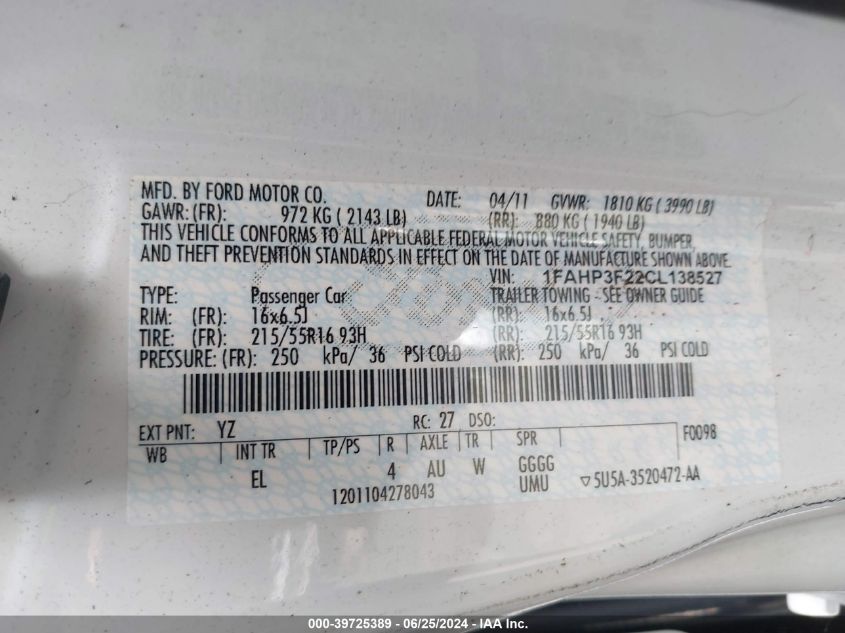 2012 Ford Focus Se VIN: 1FAHP3F22CL138527 Lot: 39725389