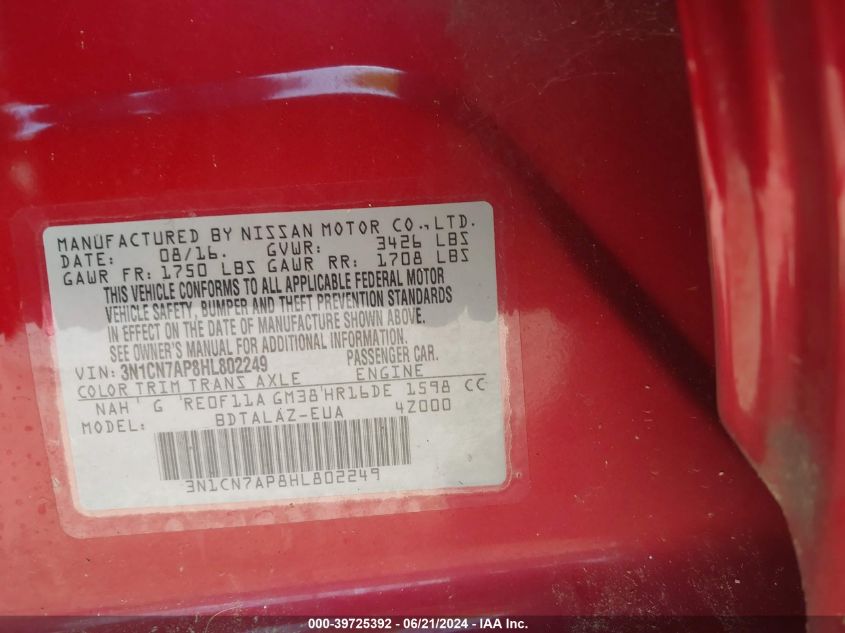 2017 Nissan Versa 1.6 S+ VIN: 3N1CN7AP8HL802249 Lot: 39725392