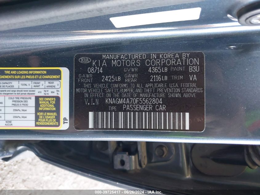 2015 Kia Optima Lx VIN: KNAGM4A70F5562804 Lot: 39725417