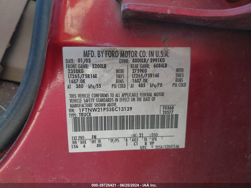 2003 Ford F-250 Lariat/Xl/Xlt VIN: 1FTNW21P53EC13139 Lot: 39725421