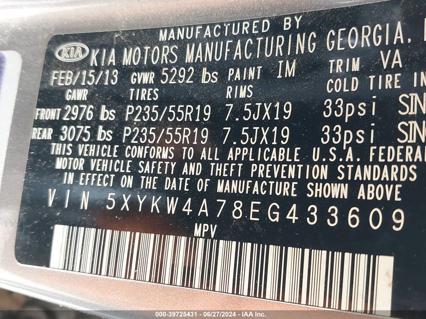 2014 Kia Sorento Sx VIN: 5XYKW4A78EG433609 Lot: 39725431