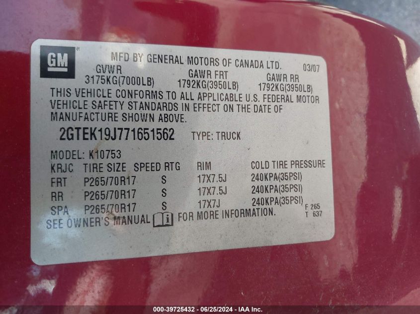 2007 GMC Sierra 1500 Sle1 VIN: 2GTEK19J771651562 Lot: 39725432