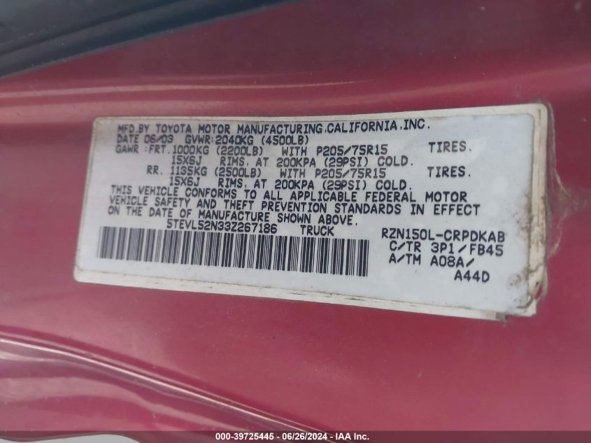 2003 Toyota Tacoma VIN: 5TEVL52N33Z267186 Lot: 39725445