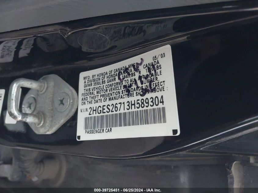 2003 Honda Civic Ex VIN: 2HGES26713H589304 Lot: 39725451
