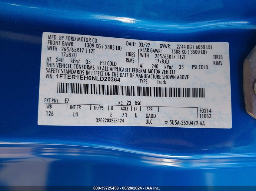 2022 Ford Ranger Xl/Xlt/Lariat VIN: 1FTER1EH6NLD20364 Lot: 39725459