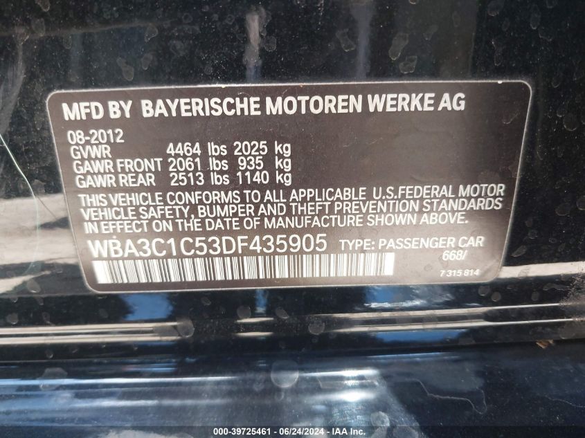2013 BMW 328I VIN: WBA3C1C53DF435905 Lot: 39725461