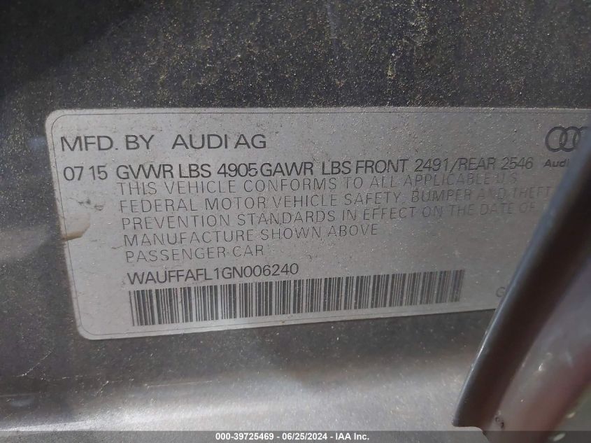 2016 Audi A4 2.0T Premium VIN: WAUFFAFL1GN006240 Lot: 39725469