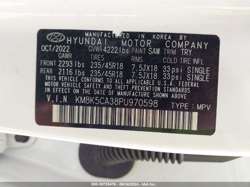 2023 Hyundai Kona Limited VIN: KM8K5CA38PU970598 Lot: 39725476