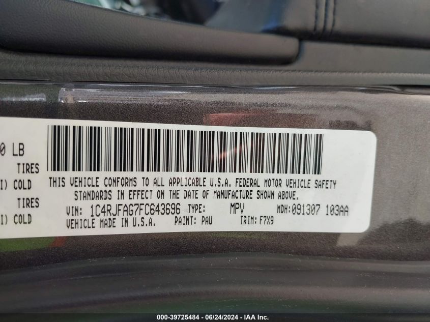 2015 Jeep Grand Cherokee Laredo VIN: 1C4RJFAG7FC643696 Lot: 39725484
